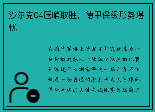 沙尔克04压哨取胜，德甲保级形势堪忧